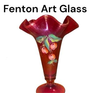 ♦️FENTON STRETCH GLASS♦️IRIDESCENT RUBY 7” VASE W/CHERRIES, SIGNED by J. POWELL